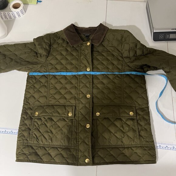 J. Crew Dark Green Quilted Jacket w/ Brown Corduroy Collar Women's Size M - Picture 10 of 11